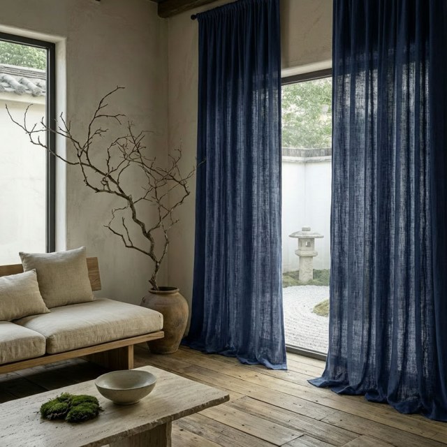 Wabi Sabi Reiner Leinen-Flachs Marineblau Voile Vorhang 1