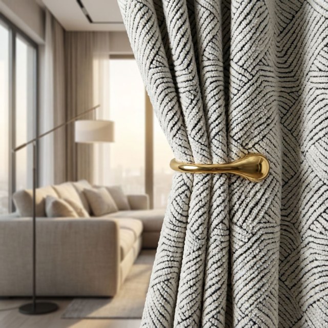 Weave Whisper Geometrisches Schwarz & Weiß Schwerer Woll-Chenille-Vorhang 1