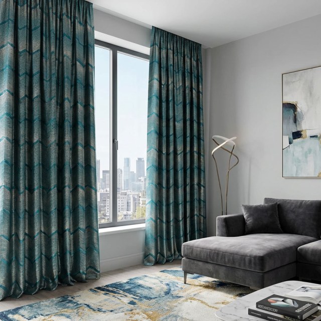Zigzag Symphony Chevron Teal Blue Kunstseide Moderne Geometrische Vorhänge 1