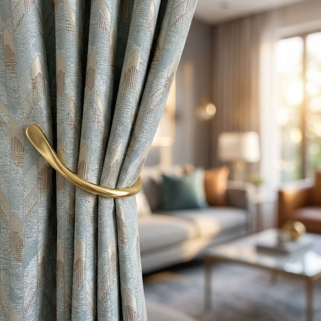 Alpine Luxus Jacquard Eisblau Geometrischer Vorhang mit Golddetails 1