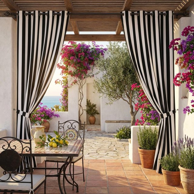 Cabana Classic Schwarz-Weiß gestreifter Outdoor-Vorhang 1