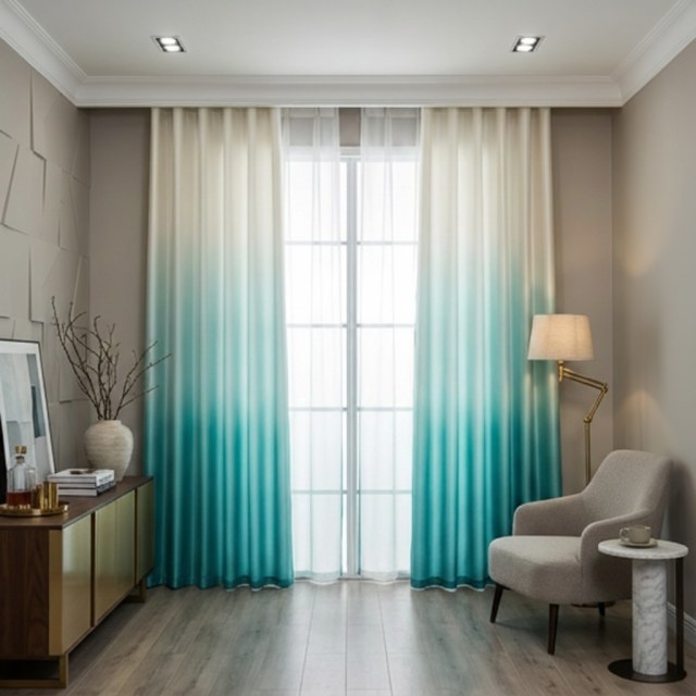 Candy Land Leinen-Optik Blau Ombre Vorhang 1