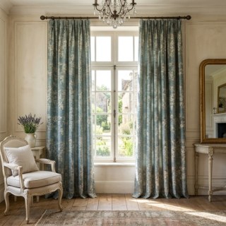 Frühlingsgeist Blau & Weiße Blumen Gardine mit Gold Details 3