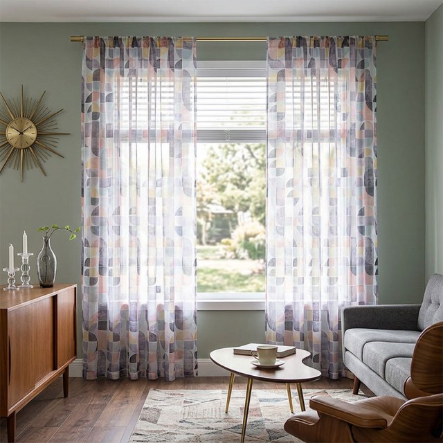 Vigour Mehrfarbiges Mid-Century Modernes Lila Geometrisches Leinen-Voile-Vorhang 1