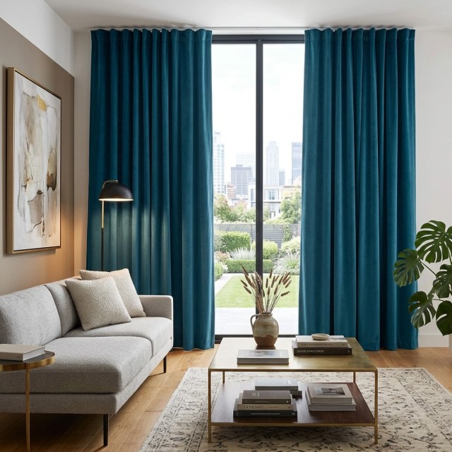 Cascade Matte Teal Velvet Vorhänge 1