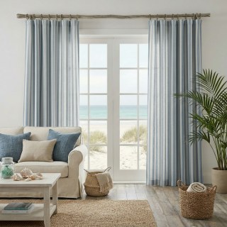 Coastal Weave Haze Blue Striped Leinen Baumwolle Mischung Vorhänge