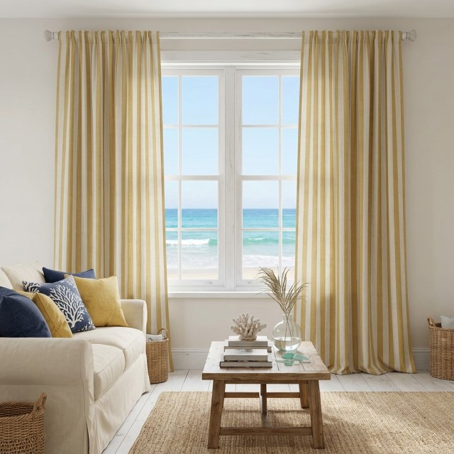 Coastal Weave Sandstein gelb gestreift Natur Leinen Baumwolle Mischung Vorhänge 1