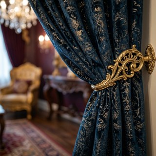 Heritage Luxuriöser Blauer Goldener Damast Samt Vorhang 2