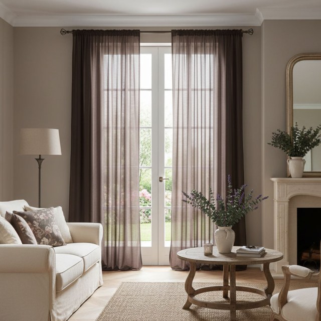 Weicher Wind Dunkelkaffee Braun Chiffon Voile Vorhang 1