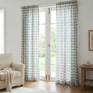Cottage Charm Haze Blue Leinen Stil Gingham Check Plaid Vorhänge 2