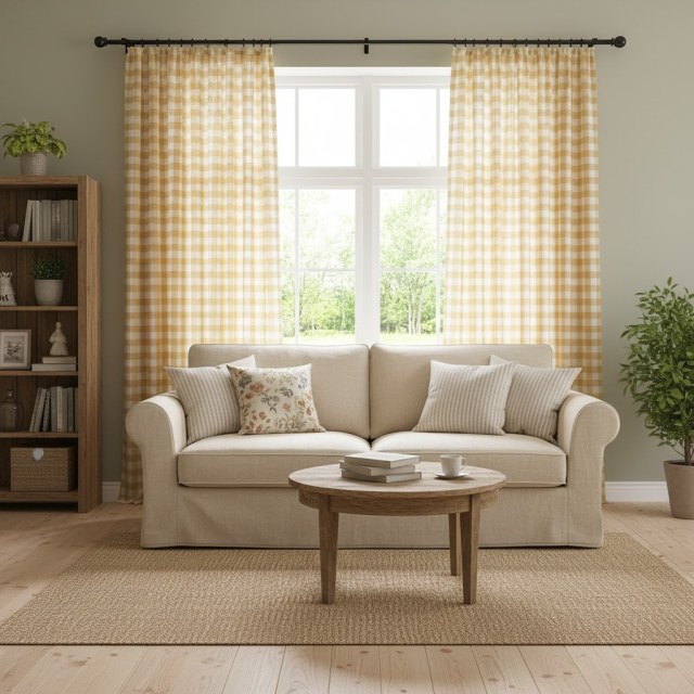 Cottage Charm gelbe Leinen Stil Gingham Check Vorhänge 1
