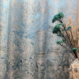 Temple Tranquility Jacquard Chinoiserie Blue Floral Curtain