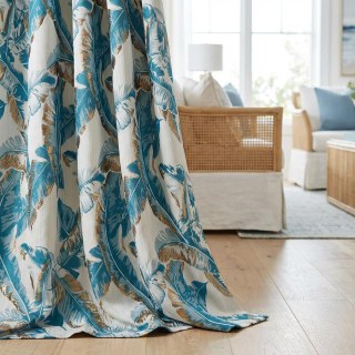Banana Leaf Bliss Teal Blue and Gold Tropical Curtains