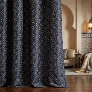 Belle Fleur 3D Jacquard Arabesque Navy Blue Curtain with Gold Details