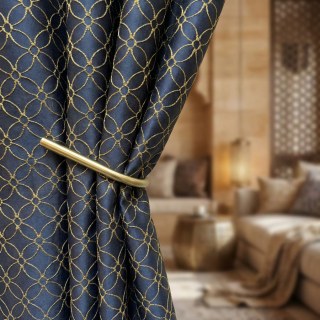 Belle Fleur 3D Jacquard Arabesque Navy Blue Curtain with Gold Details 2