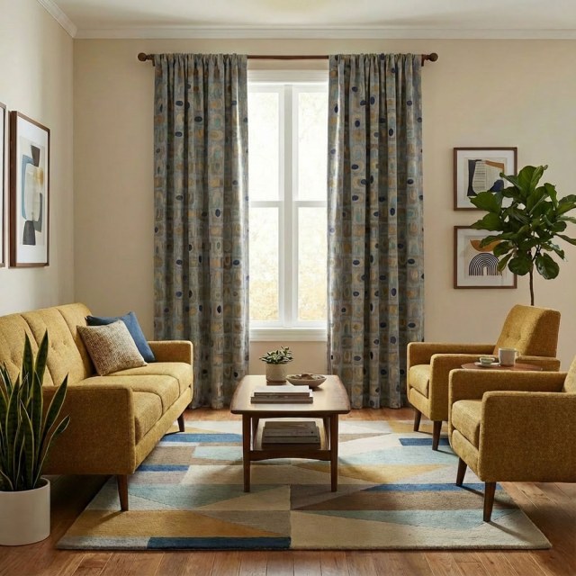 Circle Vibe Mid Century Modern Multicolour Grey Geometric Chenille Blackout Curtain 1