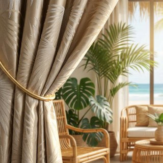 Fan Palm Silhouette Mocha Satin Tropical Leaves Curtain 2