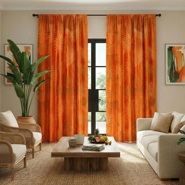 Fan Palm Silhouette Orange Satin Tropical Leaves Curtain 1