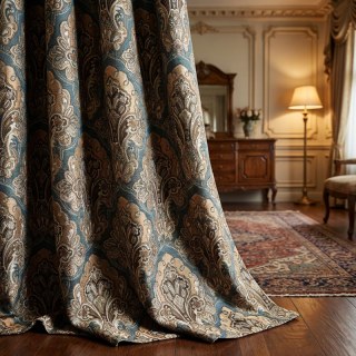 Regal Elegance Blue and Brown Damask Curtains