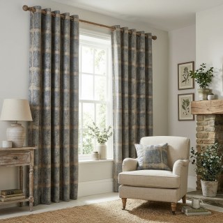 Weathered Plaid Haze Blue Checked Grid Geometric Curtains 3