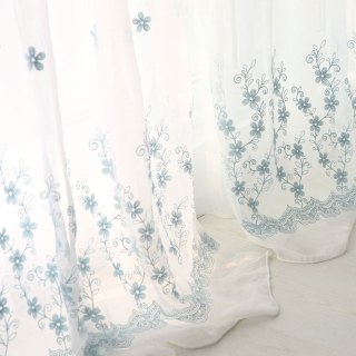 Touch Of Grace Embroidered Blue Flower Voile Curtain