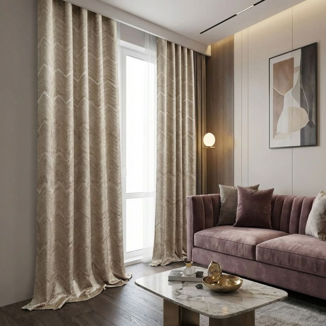 Zigzag Symphony Chevron Taupe Brown Faux Silk Modern Geometric Curtains 1