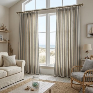 Coastal Weave Haze Blue Striped Linen Cotton Blend Curtains 2