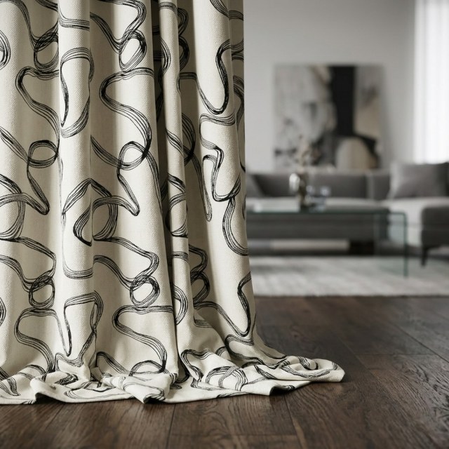 Dreamweave Black and White Abstract Line Art Chenille Curtain 1