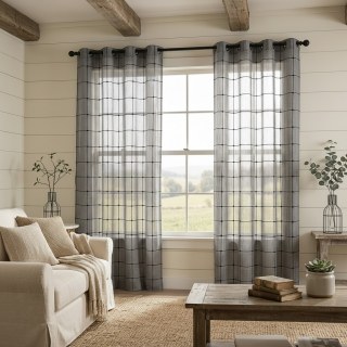Pane Paradise Checked Grid Charcoal Grey Voile Curtains 3