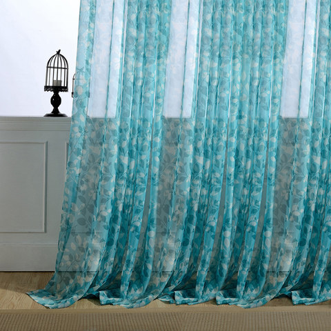 Ombre Bleue Feuille Rideau Voile Transparent 1