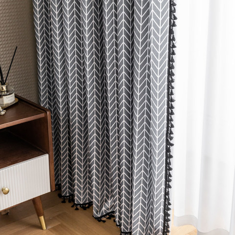 Shard Mid Century Moderne Charcoal Gris Chevron Rideau du Herringbone 1