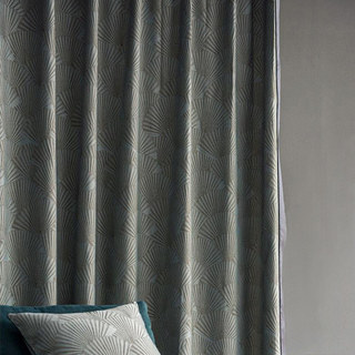 Oriental Fans Luxury Art Deco Jacquard Motif Rideau Bleu Canard 3