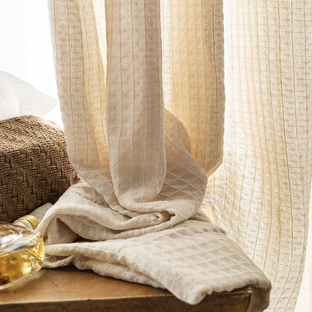 Rideau en coton mélangé tricoté tissé à motifs gaufrés couleur crème, voile lourd. 1
