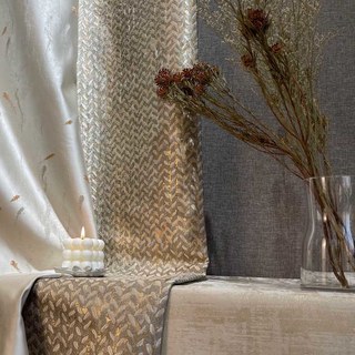 Champ de Gold Luxe Jacquard Grain Motif Rideau Mocha avec Détails Dorés 4