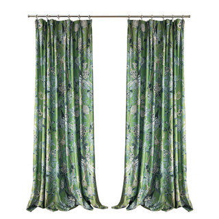Oiseaux & Fleurs Chinoiseries Bleu & Vert Rideau en Velours Floral