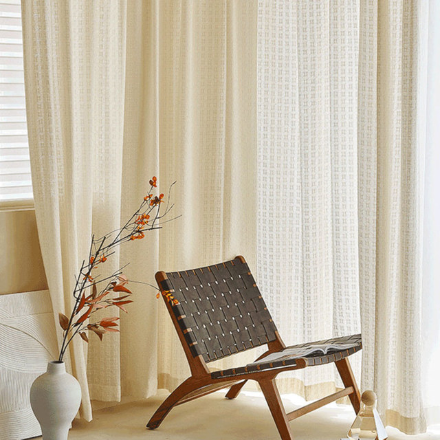 Rideau en voile semi-transparent à motifs tissés en coton mélangé couleur crème 1