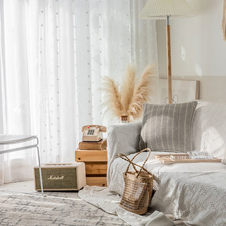 Rideau en Voile Blanc à Pompons Fluffy et Motifs Pois 5