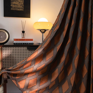 Rideau occultant géométrique terracotta orange avec motif losange et frange
