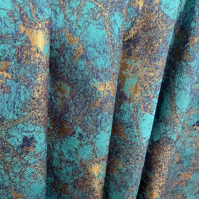 Trésors Turquoise Rideaux Jacquard de Luxe Bleu Canard & Or 1
