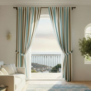 Riviera Turquoise Bleu Brun et Blanc Rideau à Rayures Audacieuses en Mélange de Coton 2