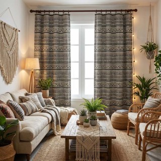 Aztec Ikat Noir et Blanc Rayé Horizontal Géométrique Rideau 3