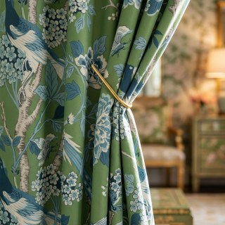 Oiseaux & Fleurs Chinoiseries Bleu & Vert Rideau en Velours Floral 2