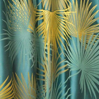 Fan Palm Silhouette Teal et jaune Satin Feuilles tropicales Rideau 6