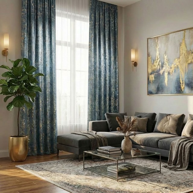Golden Grove Luxe Jacquard Rideau Soie Bleu 1