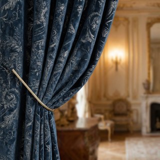 Heritage Luxe Bleu Damas Velours Rideau Doré 2