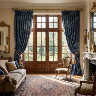 Heritage Luxe Bleu Damas Velours Rideau Doré 2