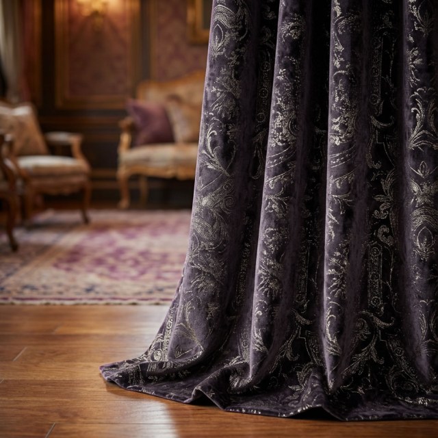 Le luxe du patrimoine Dark Purple Gilded Damask Rideau de velours 1