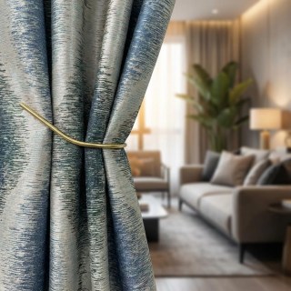 Ikat Ondulations Bleu et Turquoise Rideaux Géométriques Ogee avec Détails Argentés 3