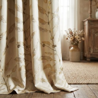 Dans Les Bois Luxe Jacquard Voilages Beige Feuillage Brillant avec Détails Dorés