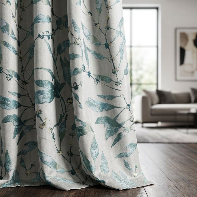 Dans Les Bois Luxe Jacquard Voilages Turquoise Brillant Feuilles avec Détails Dorés 1